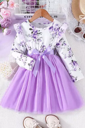 White & lavender floral print net fit & flare girls dress