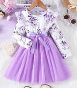 White & lavender floral print net fit & flare girls dress