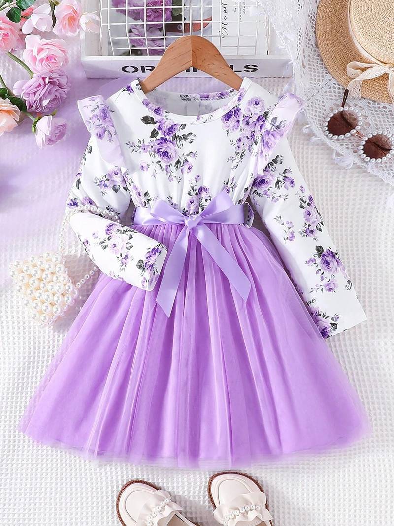 White & lavender floral print net fit & flare girls dress