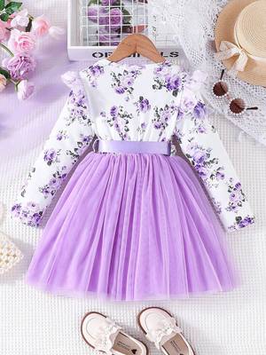 White & lavender floral print net fit & flare girls dress 2