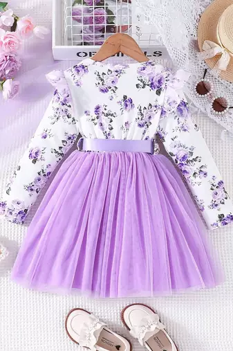 White & lavender floral print net fit & flare girls dress