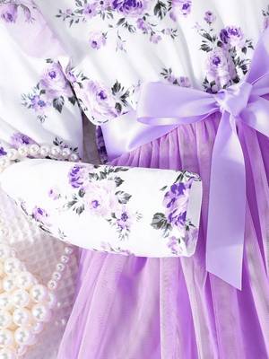 White & lavender floral print net fit & flare girls dress 3