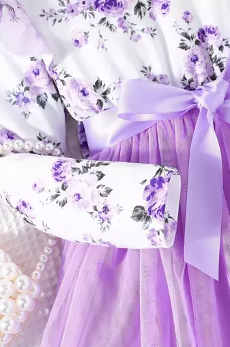 White & lavender floral print net fit & flare girls dress