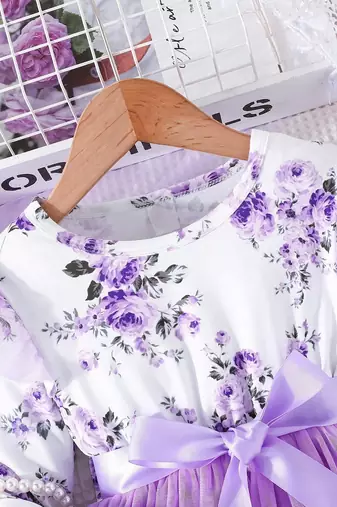 White & lavender floral print net fit & flare girls dress