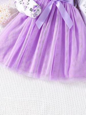 White & lavender floral print net fit & flare girls dress 5