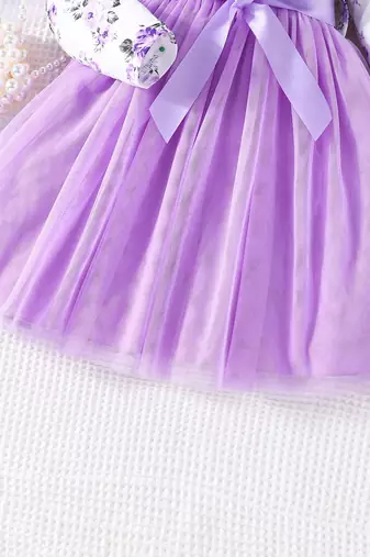 White & lavender floral print net fit & flare girls dress