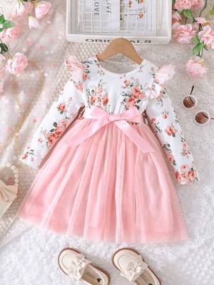 White & pink floral print net fit & flare girls dress 1