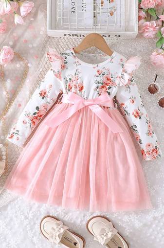 White & pink floral print net fit & flare girls dress