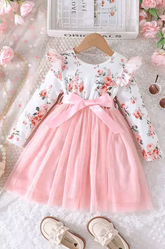 White & pink floral print net fit & flare girls dress