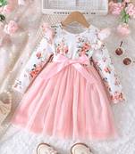 White & pink floral print net fit & flare girls dress