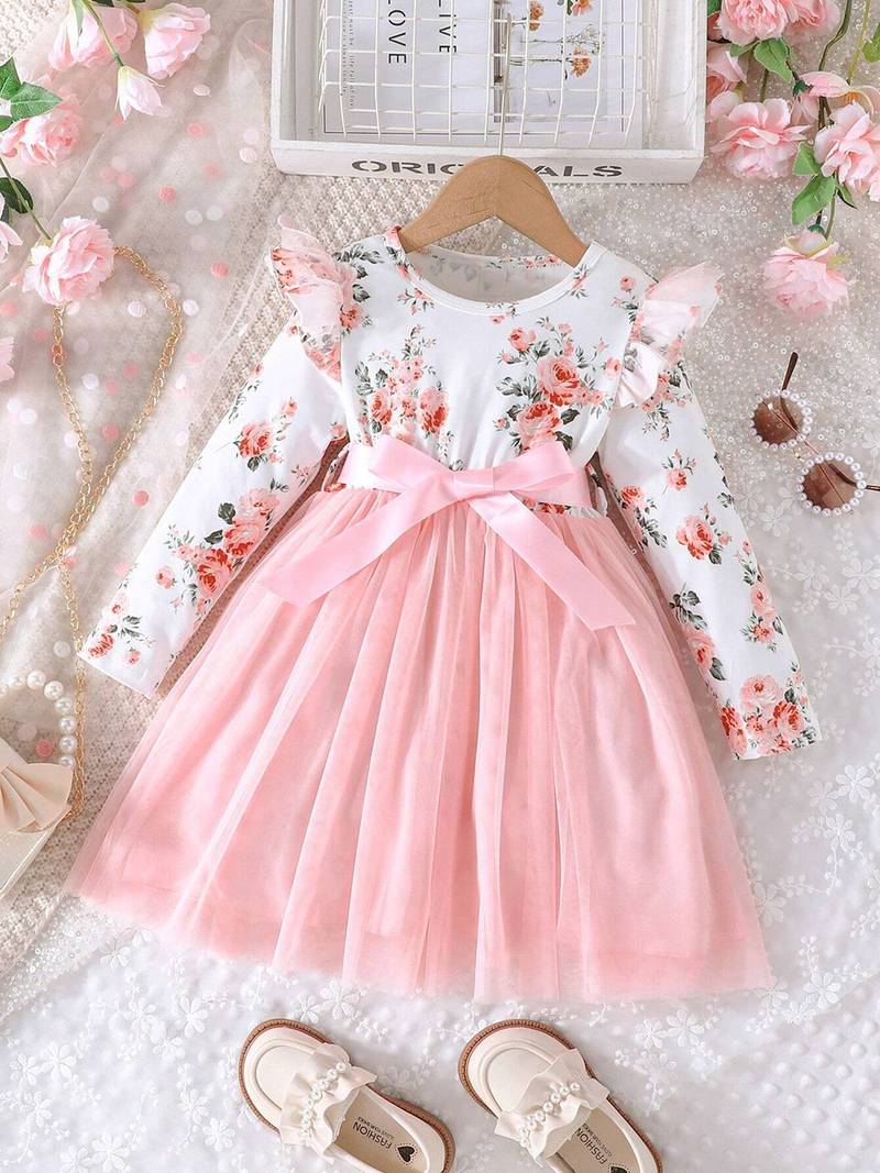 White & pink floral print net fit & flare girls dress