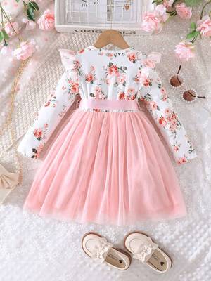 White & pink floral print net fit & flare girls dress 2