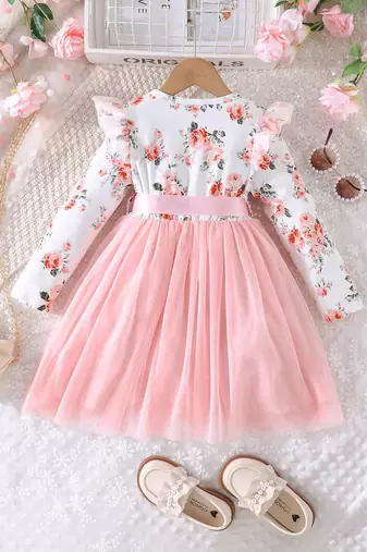 White & pink floral print net fit & flare girls dress