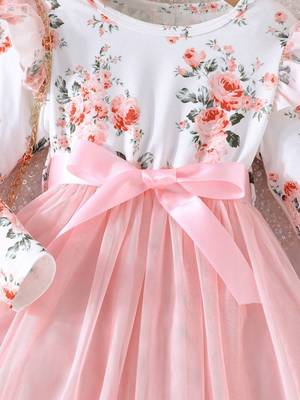 White & pink floral print net fit & flare girls dress 3