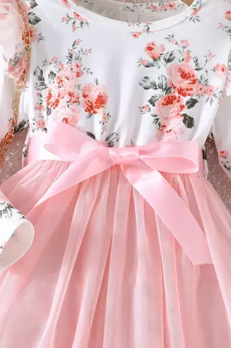White & pink floral print net fit & flare girls dress
