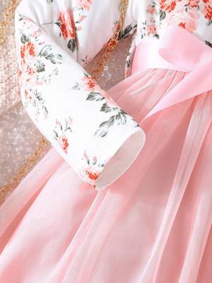 White & pink floral print net fit & flare girls dress 4