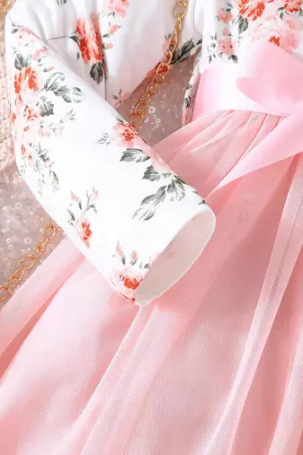 White & pink floral print net fit & flare girls dress