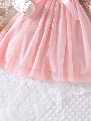 White & pink floral print net fit & flare girls dress 5