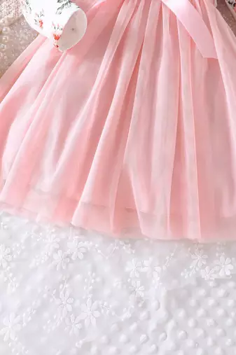 White & pink floral print net fit & flare girls dress
