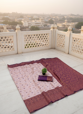 Pach wine silk blend banarasi saree with unstitched blouse piece 4