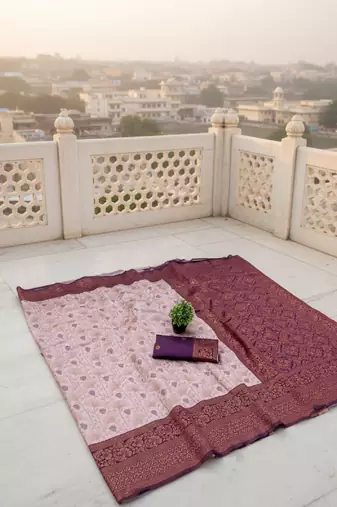 Pach wine silk blend banarasi saree with unstitched blouse piece