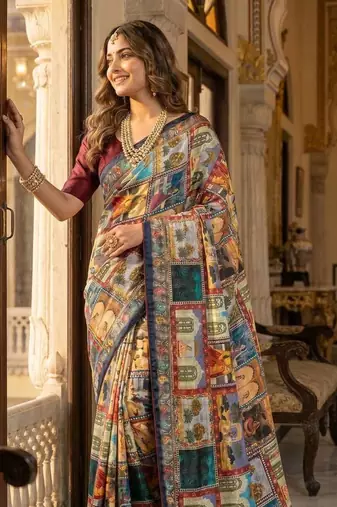 Soft Roman Silk With Poster Rajavadi Print And Real Mirror work Women's Saree With Blouse Set