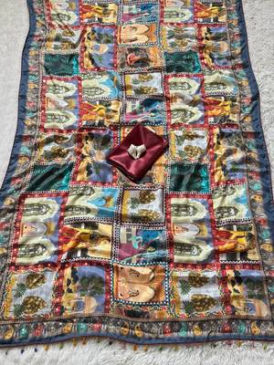 Soft Roman Silk With Poster Rajavadi Print And Real Mirror work Women's Saree With Blouse Set 3