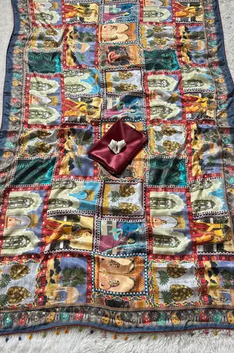 Soft Roman Silk With Poster Rajavadi Print And Real Mirror work Women's Saree With Blouse Set