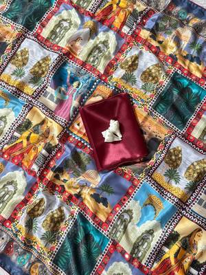 Soft Roman Silk With Poster Rajavadi Print And Real Mirror work Women's Saree With Blouse Set 4