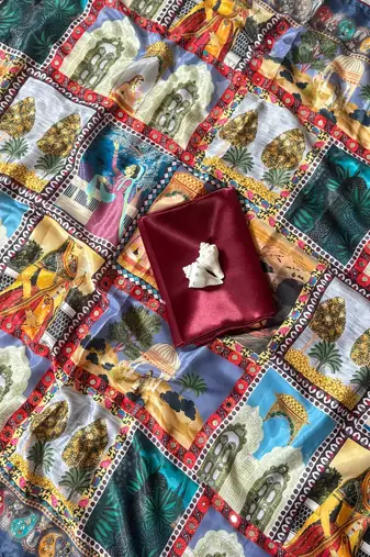 Soft Roman Silk With Poster Rajavadi Print And Real Mirror work Women's Saree With Blouse Set
