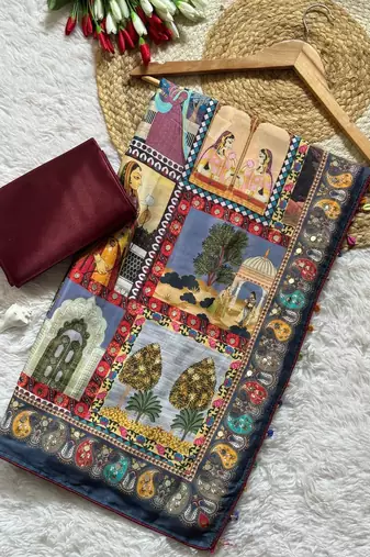 Soft Roman Silk With Poster Rajavadi Print And Real Mirror work Women's Saree With Blouse Set