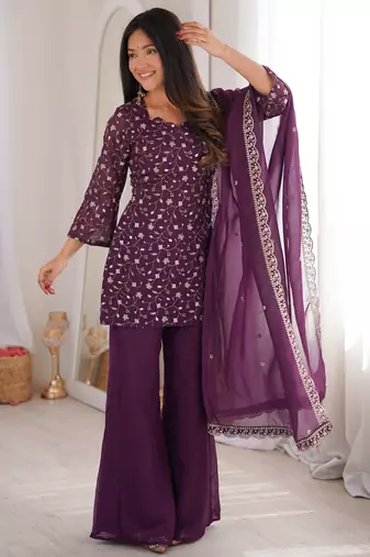 Women’s wine embroidered kurta with bell bottom pant & dupatta set