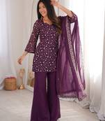 Women’s wine embroidered kurta with bell bottom pant & dupatta set