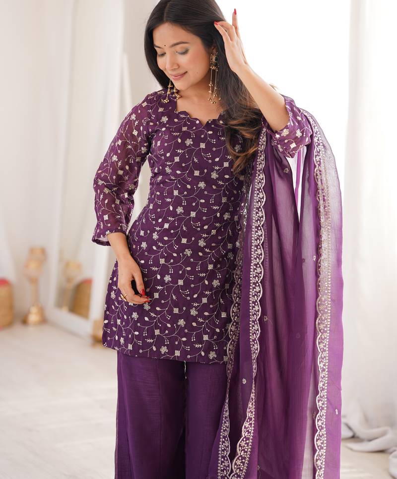 Women’s wine embroidered kurta with bell bottom pant & dupatta set