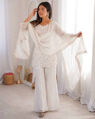 Women   s white embroidered kurta with bell bottom pant & dupatta set 1