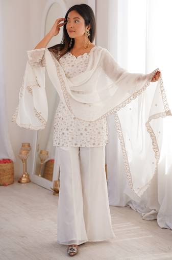 Women’s white embroidered kurta with bell bottom pant & dupatta set