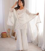 Women’s white embroidered kurta with bell bottom pant & dupatta set