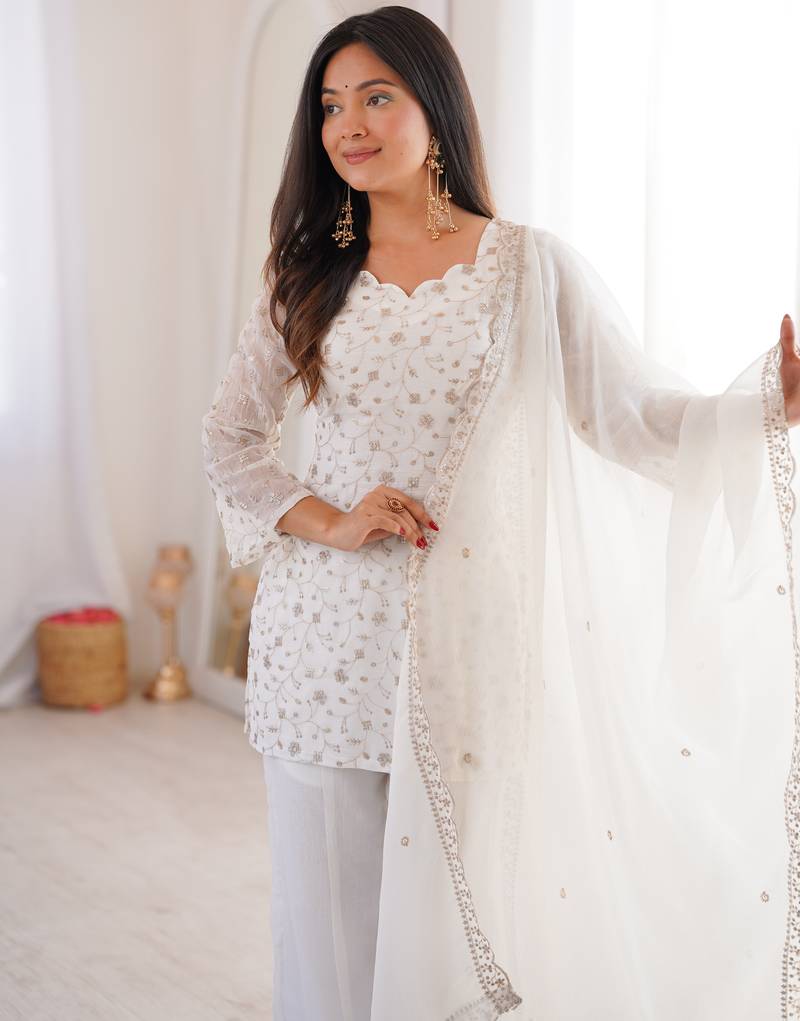 Women’s white embroidered kurta with bell bottom pant & dupatta set