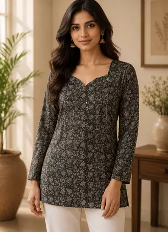 BLACK  REYON WITH DIGITAL PRINTED STYLISH WEAR KURTI 