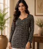 BLACK  REYON WITH DIGITAL PRINTED STYLISH WEAR KURTI 
