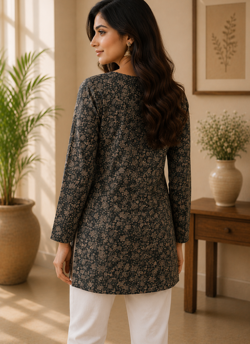 BLACK  REYON WITH DIGITAL PRINTED STYLISH WEAR KURTI 