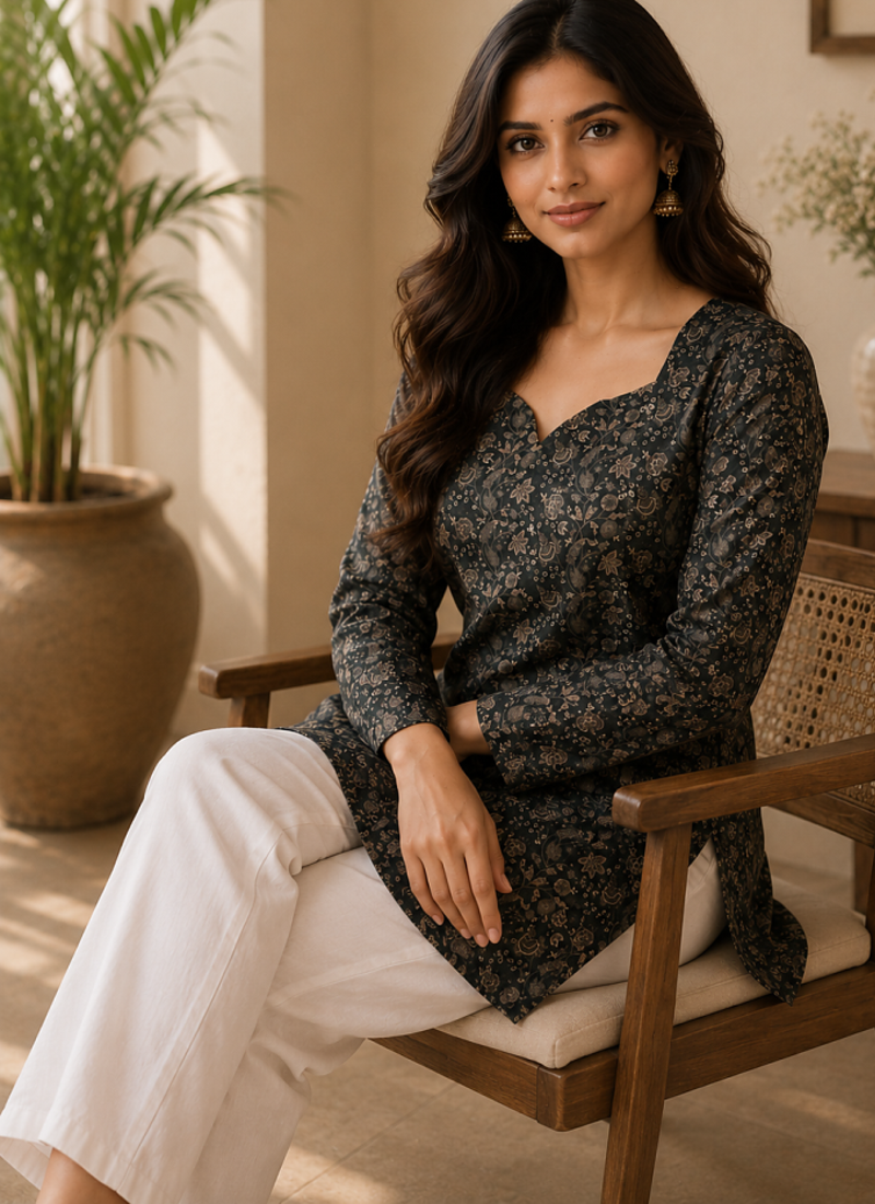 BLACK  REYON WITH DIGITAL PRINTED STYLISH WEAR KURTI 