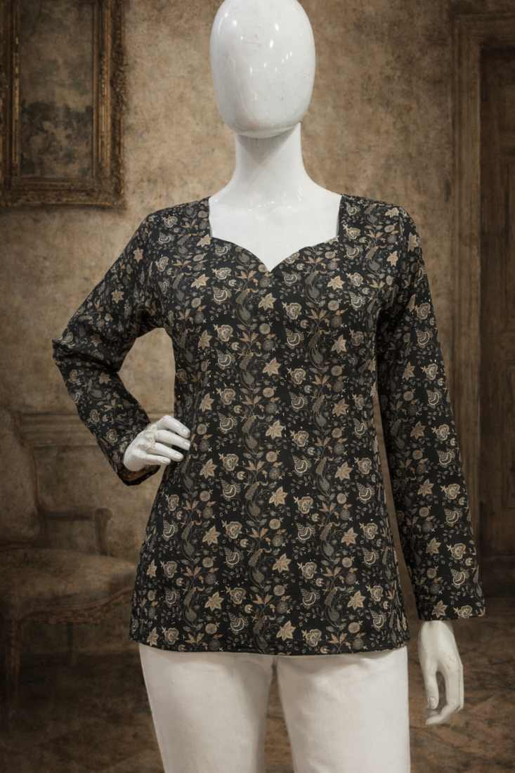 BLACK  REYON WITH DIGITAL PRINTED STYLISH WEAR KURTI 