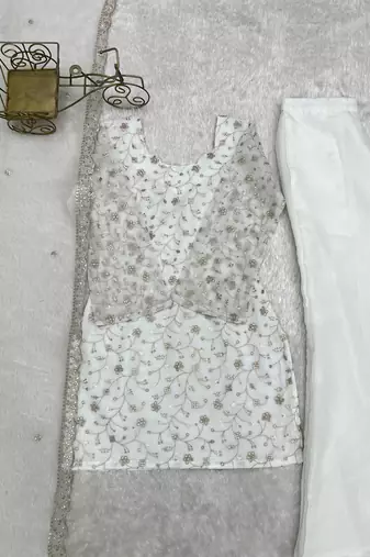 Women   s white embroidered kurta with bell bottom pant & dupatta set