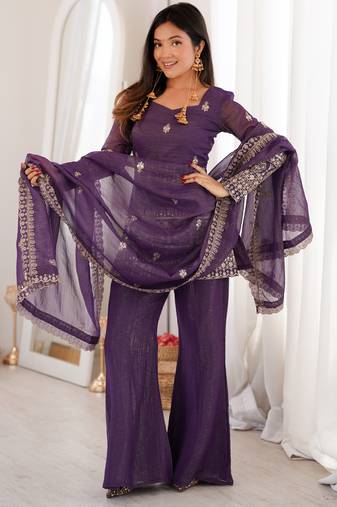 Wine bell bottom palazzo kurta and dupatta