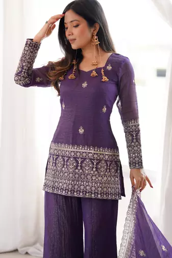 Wine bell bottom palazzo kurta and dupatta