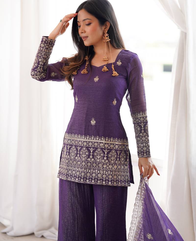 Wine bell bottom palazzo kurta and dupatta