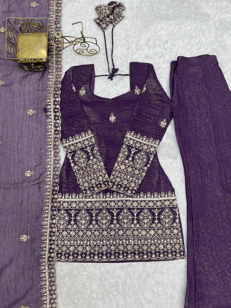 Wine bell bottom palazzo kurta and dupatta