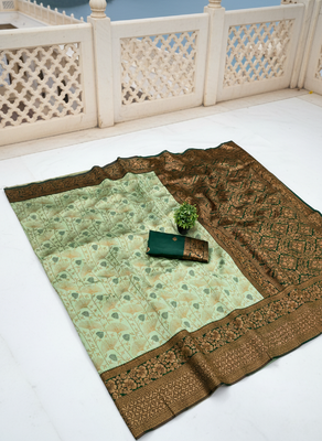 Pista green silk blend banarasi saree with unstitched blouse piece 3