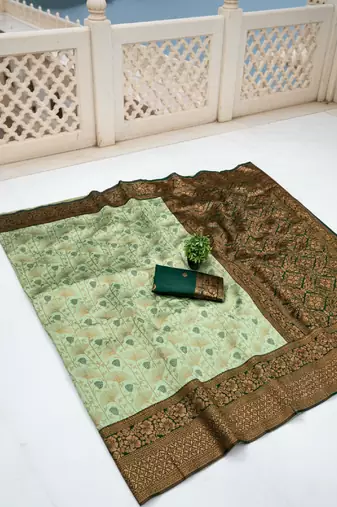 Pista green silk blend banarasi saree with unstitched blouse piece